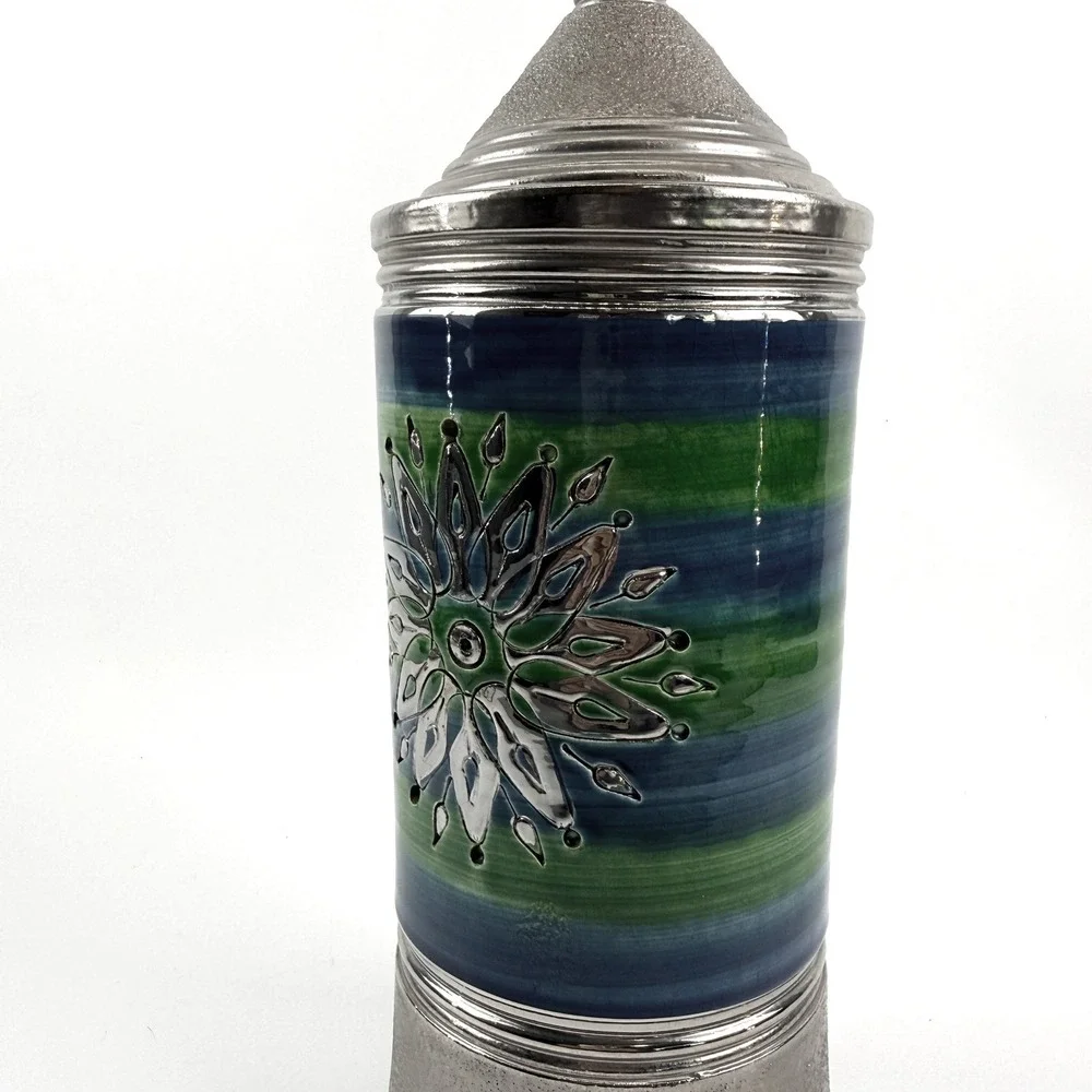 Bitossi Italy‎ Blue Green Sgraffito Sun Canister Jar with Lid HTF